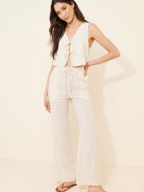 Another Girl Beige Stripe Tie Front Jumpsuit Cotton Wide Leg Chic Resort